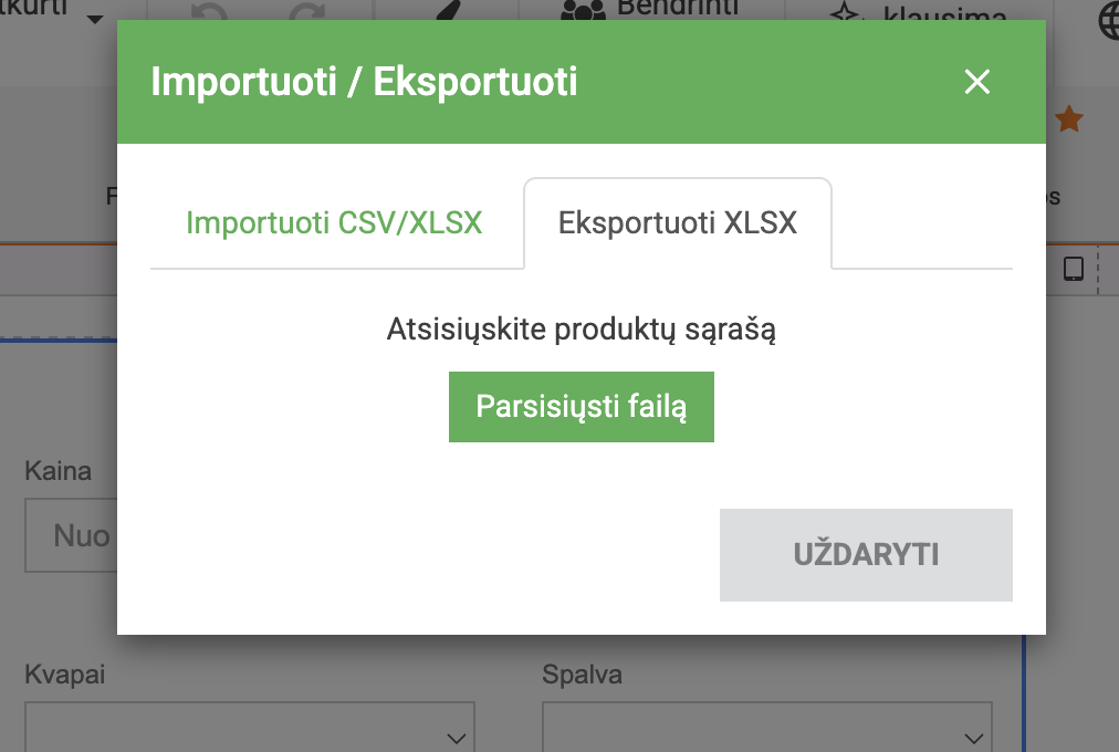 Eksportuoti produktus iš parduotuvės į XLSX failą